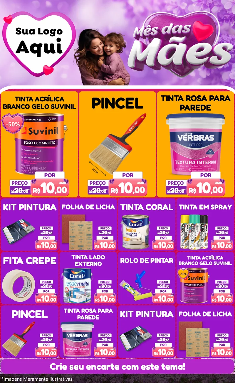 Modelo de Encarte para Encarte Grande com o tema Mês das Mães para Tintas e Ferramentas
