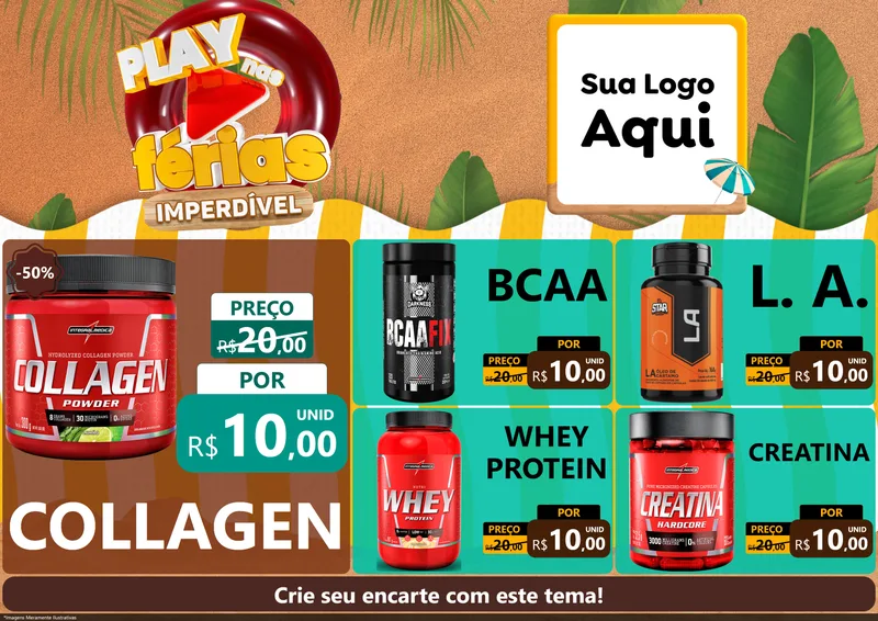 Modelo de Encarte para Encarte A4 Horizontal com o tema Play Nas Férias Imperdível para Suplementos alimentares