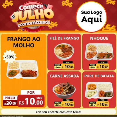 Modelo de Rede Social para Feed Facebook com o tema Comece Julho Economizando para Restaurante