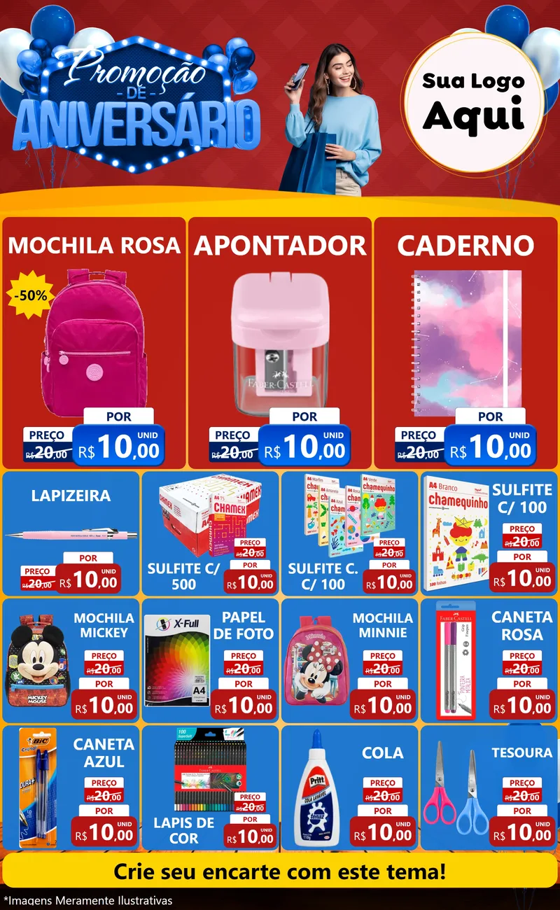 Modelo de Encarte para Encarte Grande com o tema Promoção de Aniversário para Papelaria