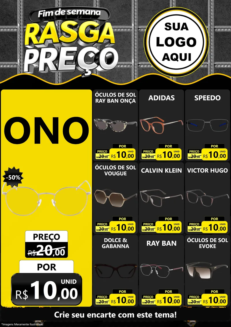 Modelo de Encarte para Encarte A4 Vertical com o tema Fim de Semana Rasga Preço para Óticas