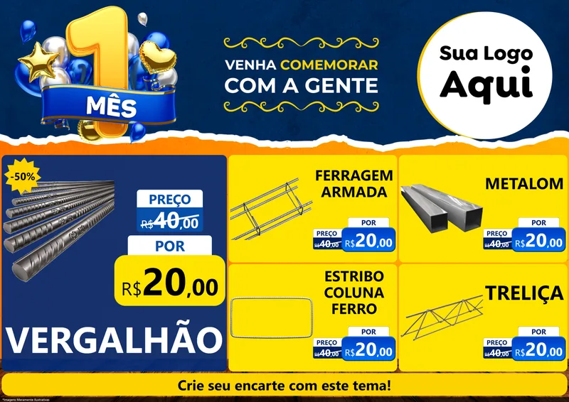 Modelo de Encarte para Encarte A4 Horizontal com o tema Um Mês de Aniversário para Ferragens