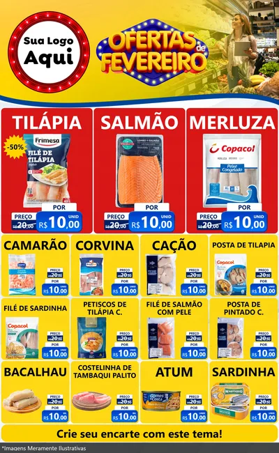 Modelo de Encarte para Encarte Grande com o tema Ofertas de Fevereiro para Peixaria