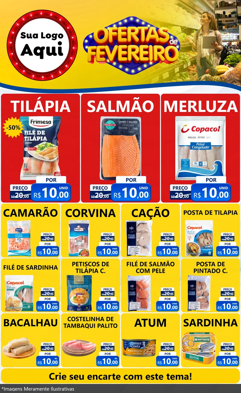 Modelo de Encarte para Encarte Grande com o tema Ofertas de Fevereiro para Peixaria