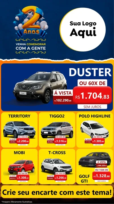 Modelo de Rede Social para Stories com o tema Aniversário de 2 anos para Concessionaria de Carros