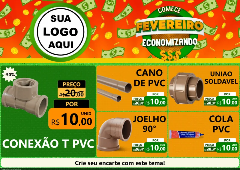 Modelo de Encarte para Encarte A4 Horizontal com o tema Comece Fevereiro Economizando para Tubos e conexões