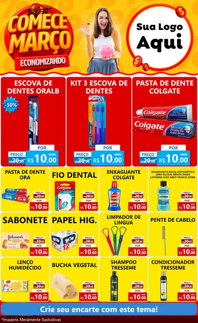 Modelo de Encarte para Encarte Grande com o tema Comece Março Economizando para Higiene Pessoal