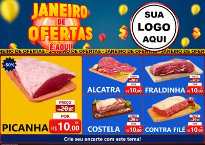 Modelo de Encarte para Encarte A4 Horizontal com o tema Janeiro de Ofertas É Aqui! para Açougue