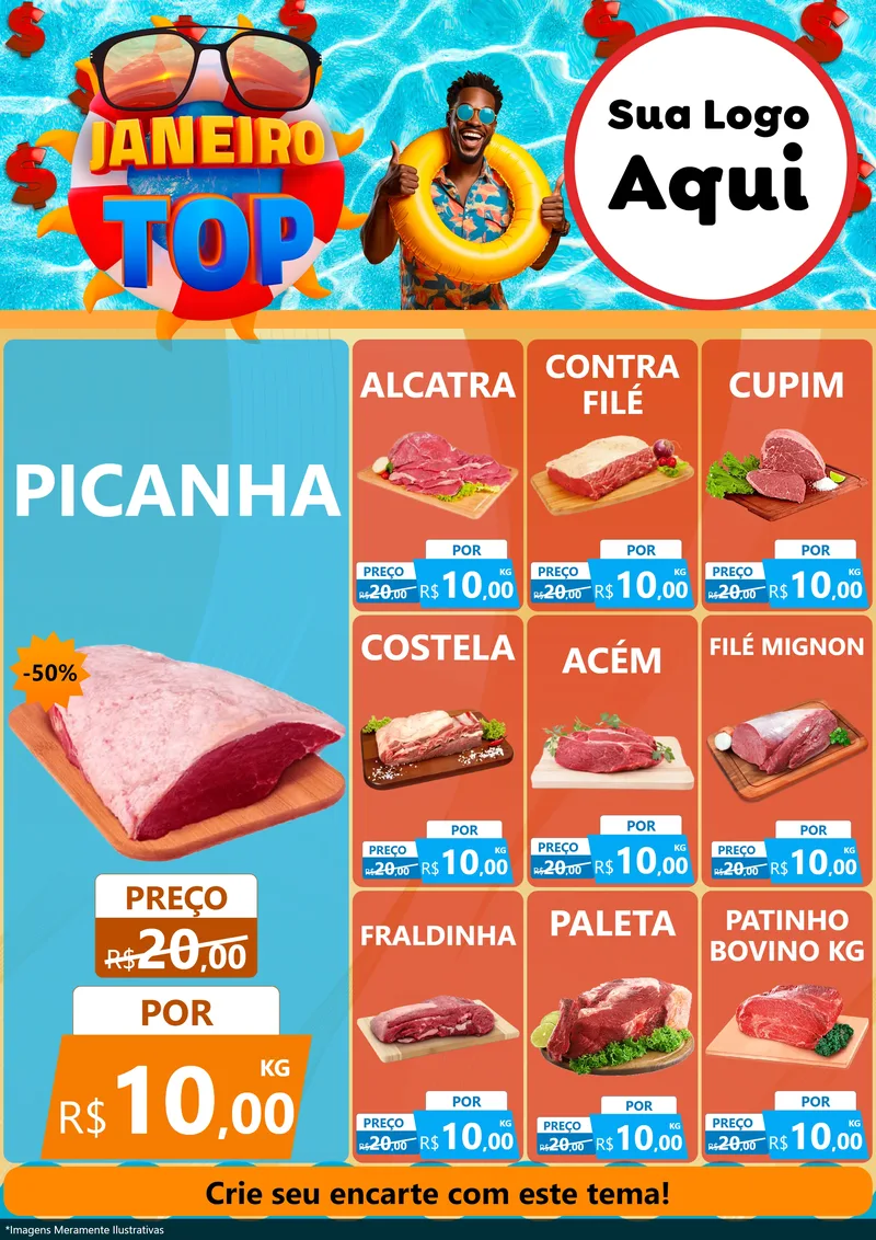 Modelo de Encarte para Encarte A4 Vertical com o tema Janeiro Top para Açougue