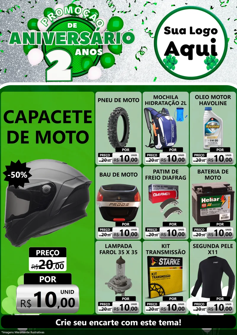 Modelo de Encarte para Encarte A4 Vertical com o tema Promoção de Aniversário - 2 Anos para Moto peças