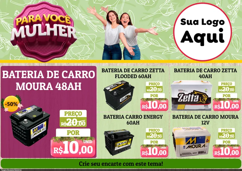 Modelo de Encarte para Encarte A4 Horizontal com o tema Para Você Mulher para Baterias Elétricas