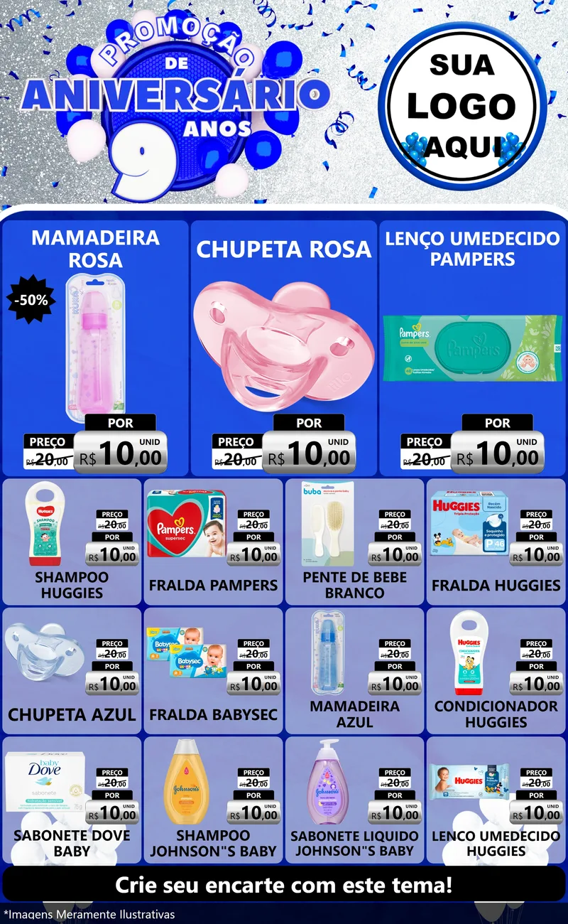 Modelo de Encarte para Encarte Grande com o tema Promoção de Aniversário - 9 Anos para Bebês
