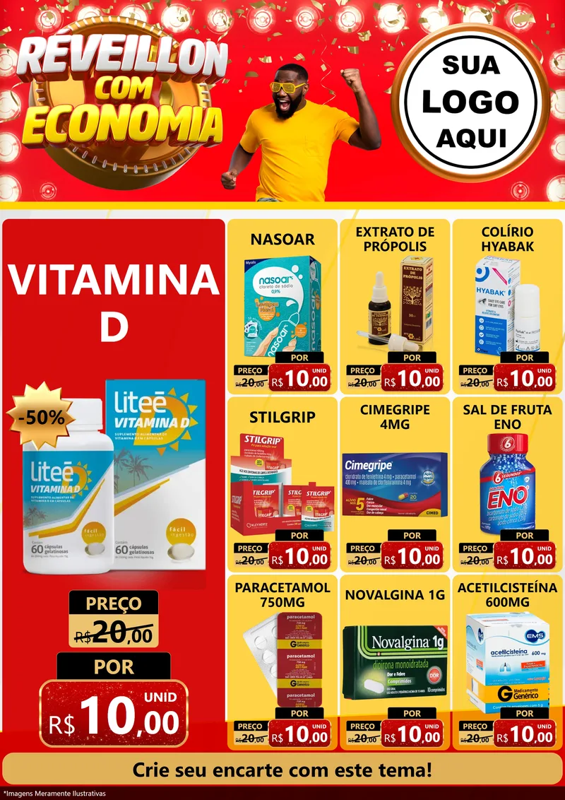 Modelo de Encarte para Encarte A4 Vertical com o tema Réveillon com Economia para Farmácia