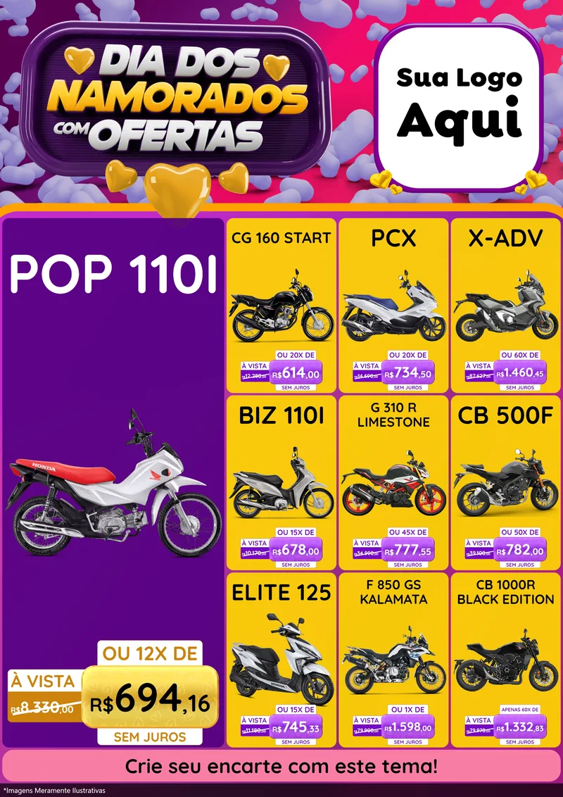 Modelo de Encarte para Encarte A4 Vertical com o tema Dia Dos Namorados Com Ofertas para Concessionaria de Motos