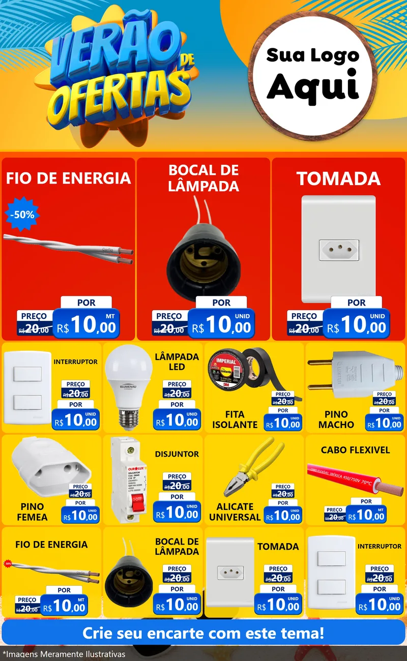 Modelo de Encarte para Encarte Grande com o tema Verão de Ofertas para Materiais Elétricos