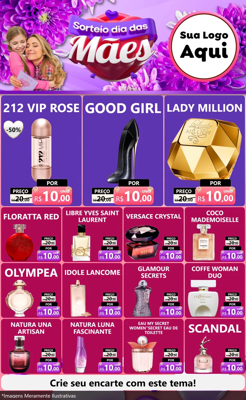 Modelo de Encarte para Encarte Grande com o tema Sorteio Dia das Mães para Perfumes