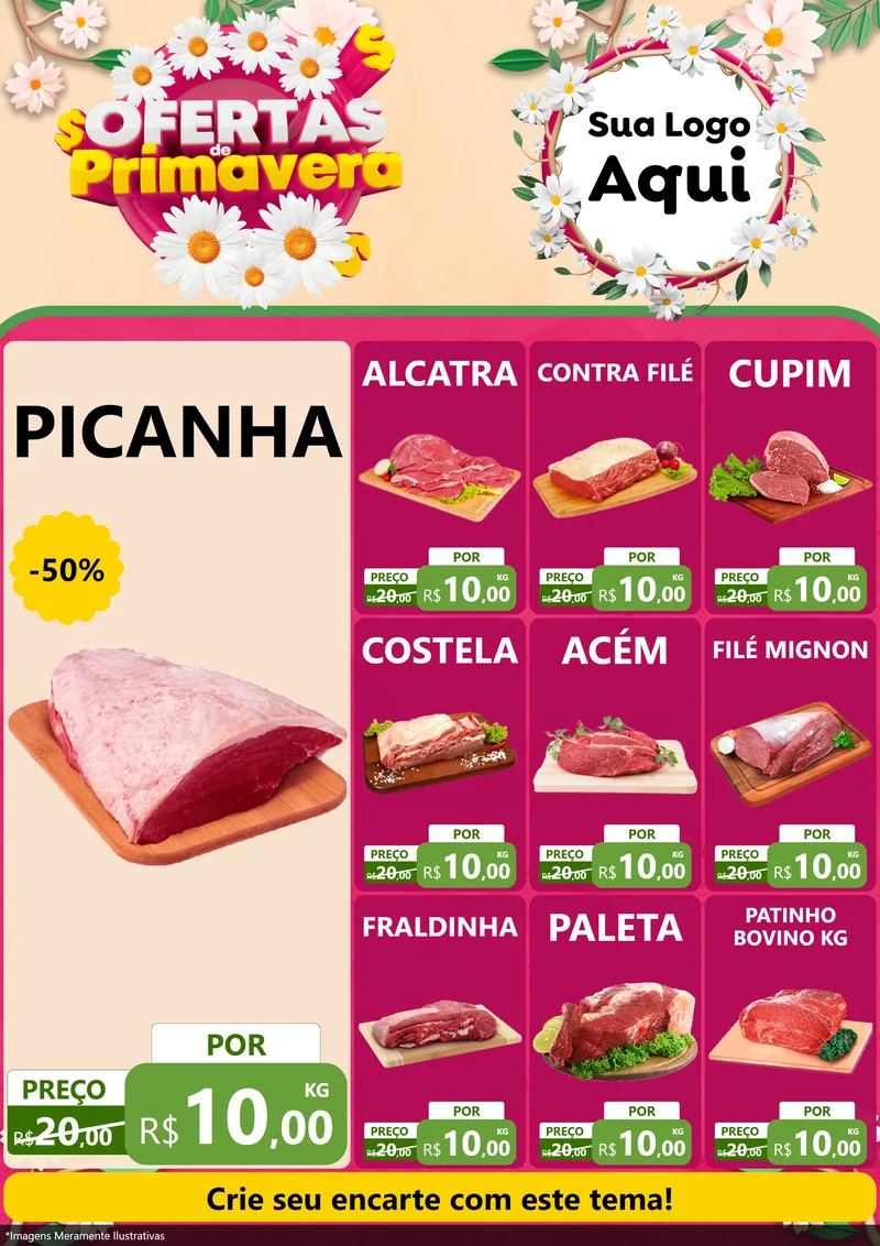 Modelo de Encarte para Encarte A4 Vertical com o tema Ofertas de Primavera para Açougue