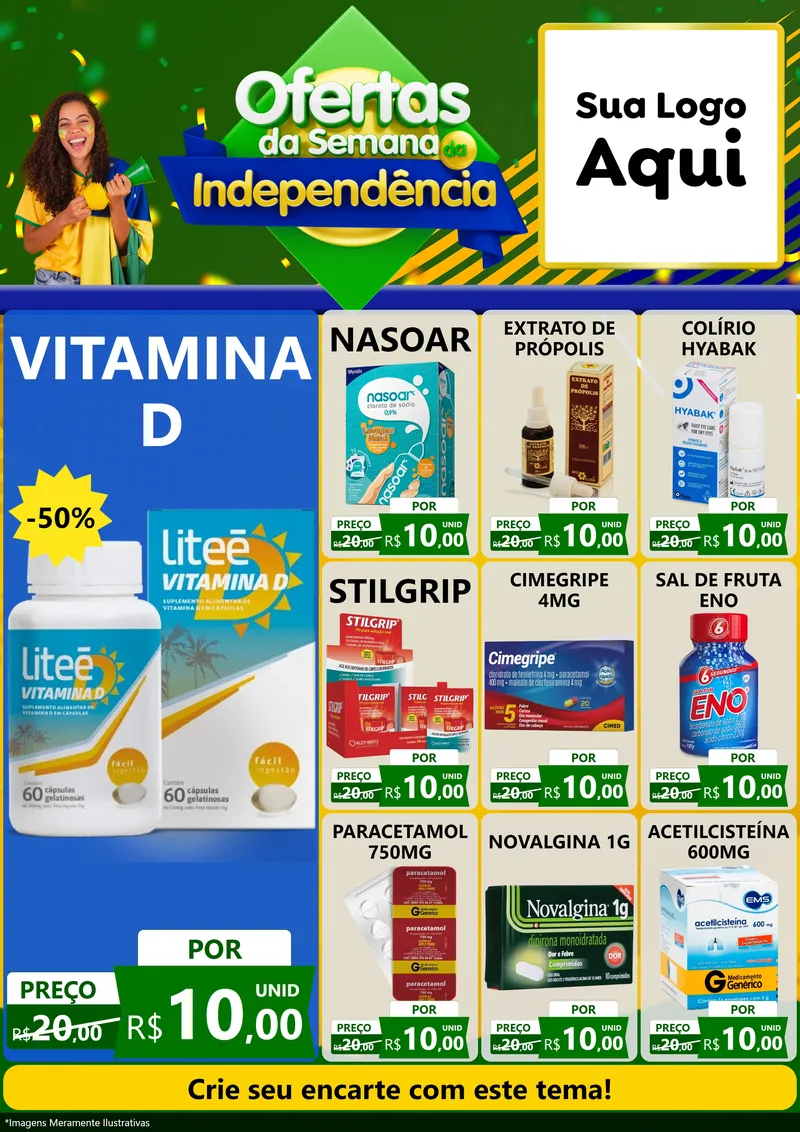 Modelo de Encarte para Encarte A4 Vertical com o tema Ofertas da Semana da Independência para Farmácia