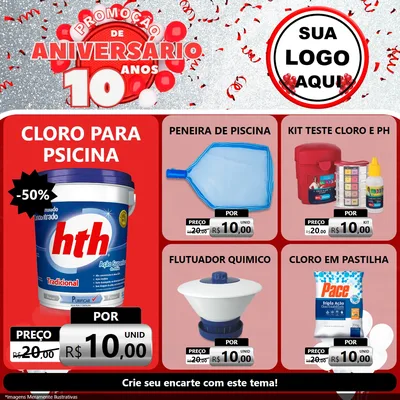 Modelo de Rede Social para Feed Facebook com o tema Promoção de Aniversário - 10 Anos para Produtos para Piscina
