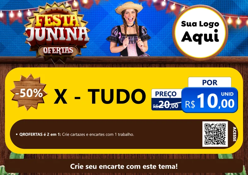 Modelo de Cartaz para Cartaz A4 Horizontal com o tema Festa Junina Ofertas para Hamburgueria