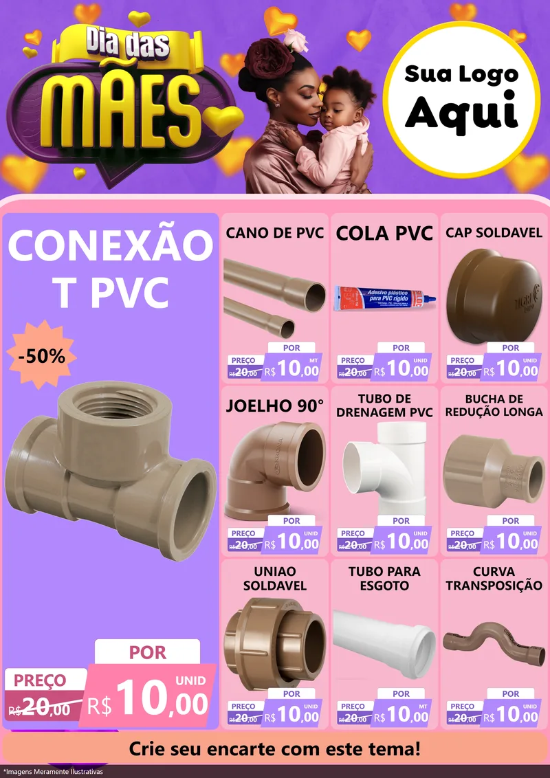 Modelo de Encarte para Encarte A4 Vertical com o tema Dia das Mães para Tubos e conexões