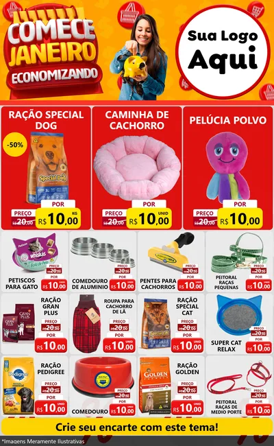Modelo de Encarte para Encarte Grande com o tema Comece Janeiro Economizando para Pet Shop