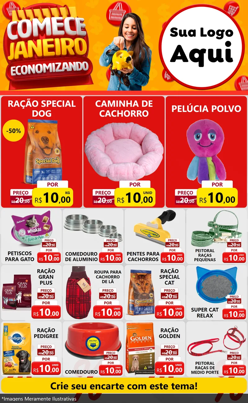 Modelo de Encarte para Encarte Grande com o tema Comece Janeiro Economizando para Pet Shop