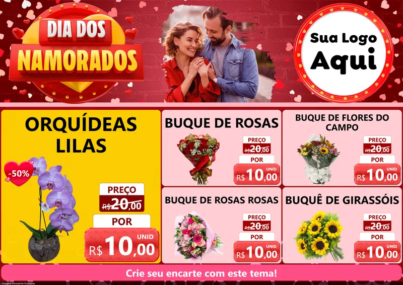 Modelo de Encarte para Encarte A4 Horizontal com o tema Dia Dos Namorados para Floricultura e jardim