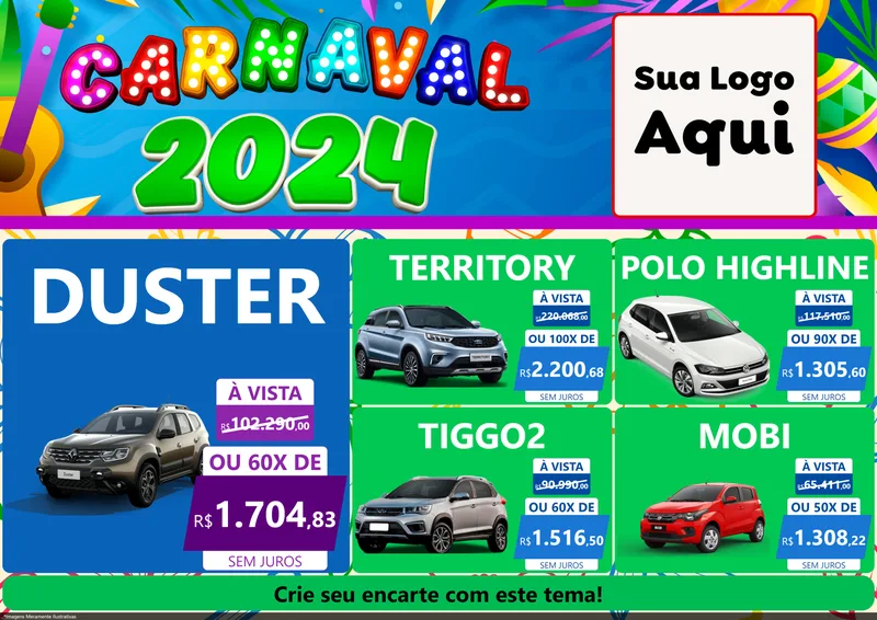 Modelo de Encarte para Encarte A4 Horizontal com o tema Carnaval 2027 para Concessionaria de Carros