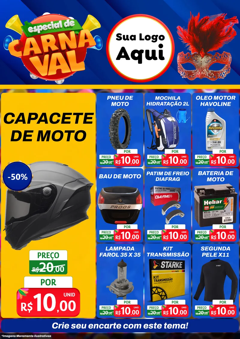 Modelo de Encarte para Encarte A4 Vertical com o tema Especial de Carnaval para Moto peças