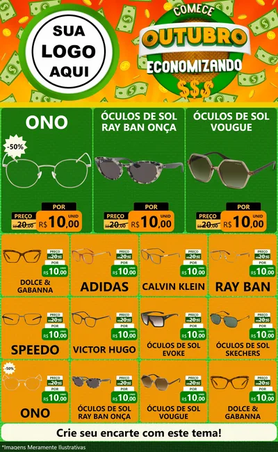 Modelo de Encarte para Encarte Grande com o tema Comece Outubro Economizando para Óticas