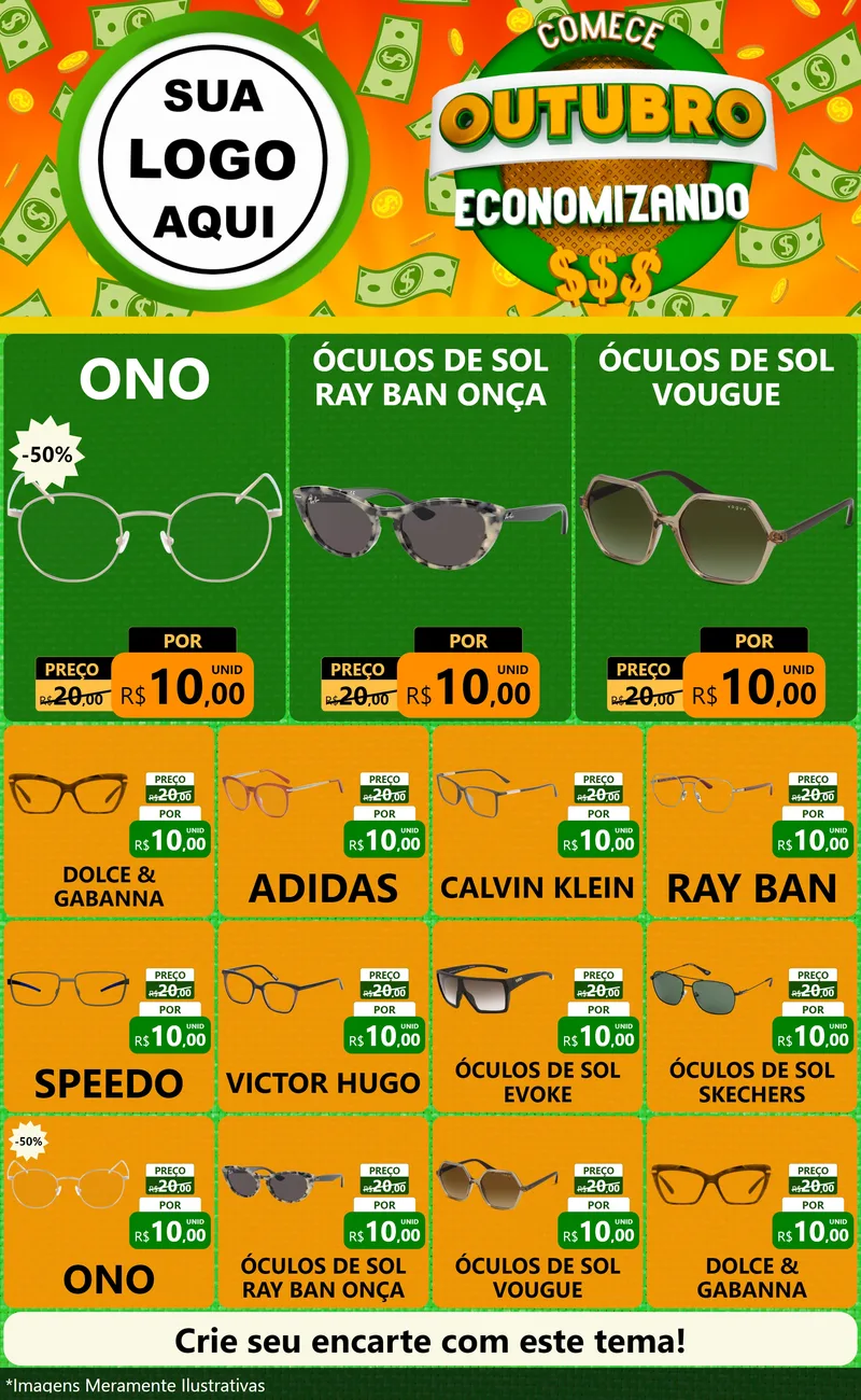 Modelo de Encarte para Encarte Grande com o tema Comece Outubro Economizando para Óticas