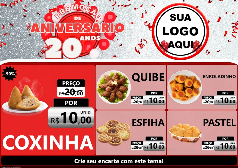 Modelo de Encarte para Encarte A4 Horizontal com o tema Promoção de Aniversário - 20 Anos para Salgadaria
