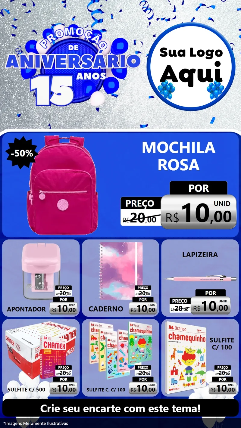 Modelo de Rede Social para Stories com o tema Promoção de Aniversário - 15 Anos para Papelaria