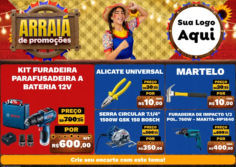 Modelo de Encarte para Encarte A4 Horizontal com o tema Arraiá de Promoções para Maquinas e Ferramentas