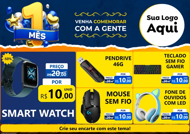 Modelo de Encarte para Encarte A4 Horizontal com o tema Um Mês de Aniversário para Informática