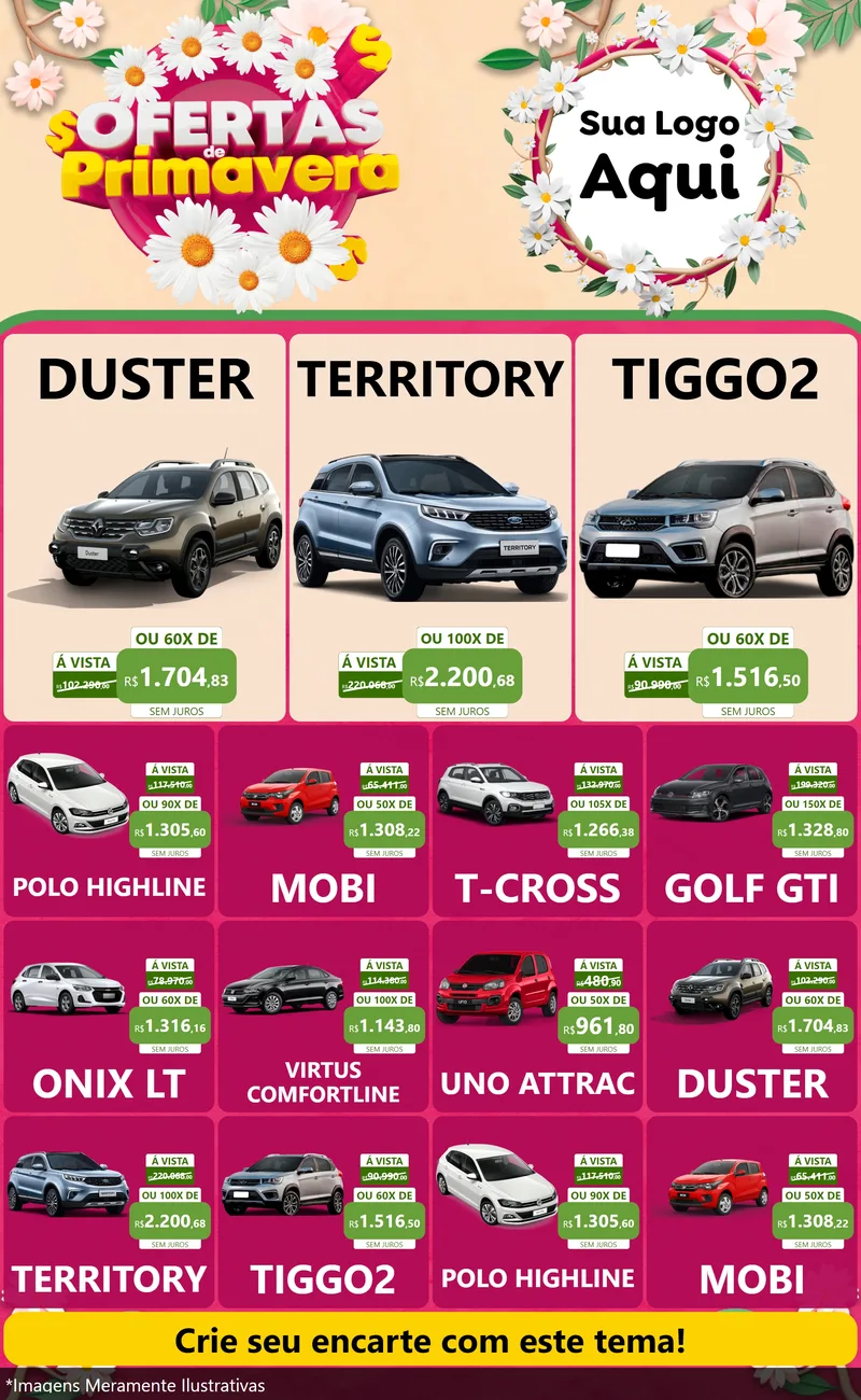 Modelo de Encarte para Encarte Grande com o tema Ofertas de Primavera para Concessionaria de Carros