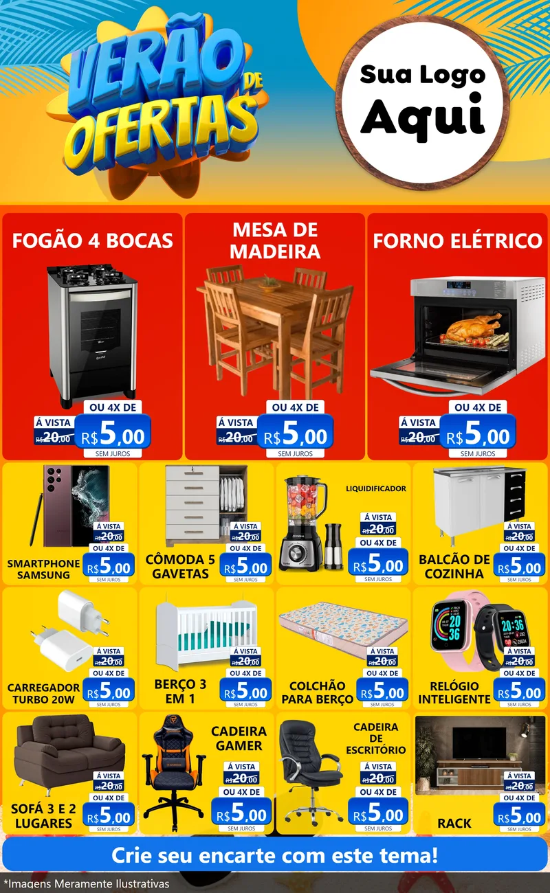 Modelo de Encarte para Encarte Grande com o tema Verão de Ofertas para Móveis e Eletro