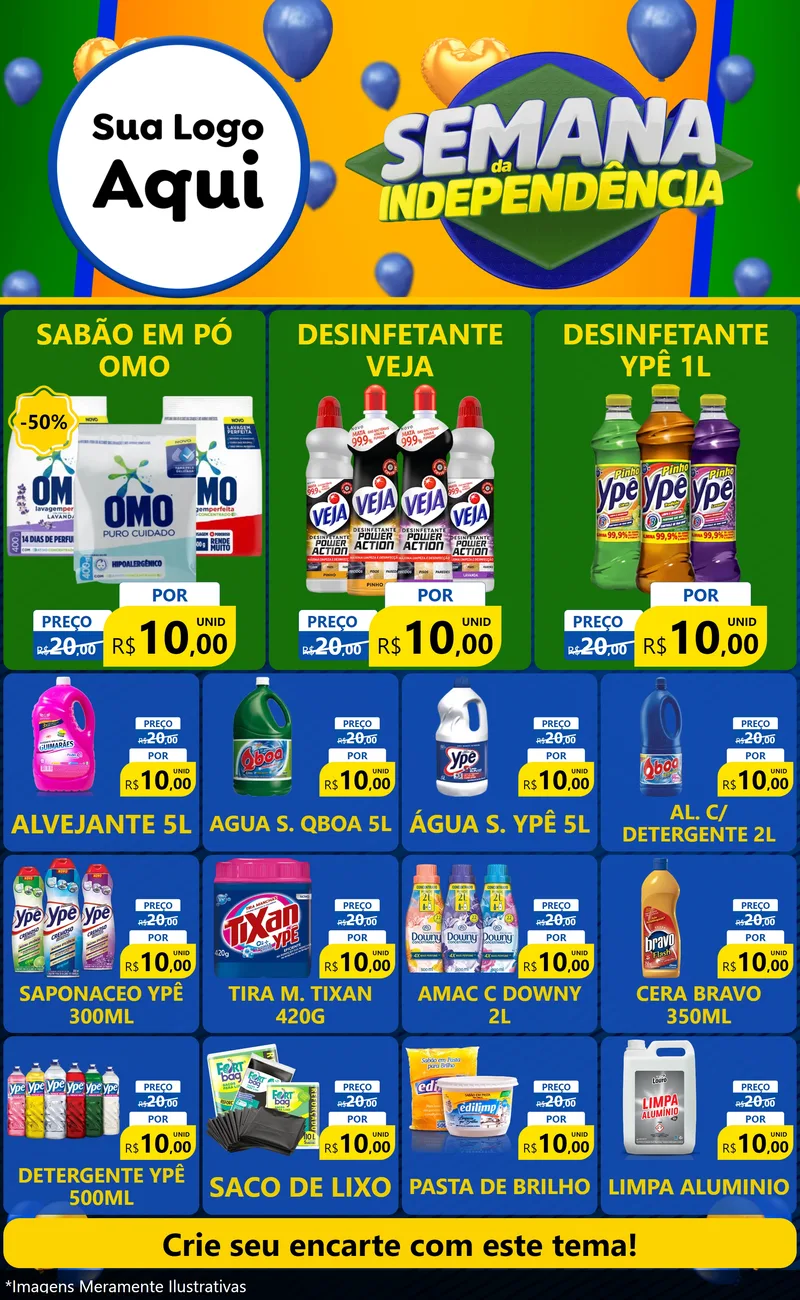 Modelo de Encarte para Encarte Grande com o tema Semana da Independência para Produtos de Limpeza