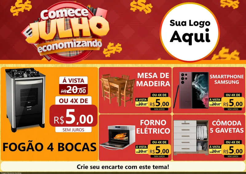 Modelo de Encarte para Encarte A4 Horizontal com o tema Comece Julho Economizando para Móveis e Eletro
