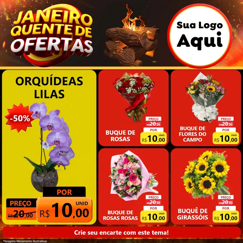 Modelo de Rede Social para Feed Facebook com o tema Janeiro Quente de Ofertas para Floricultura e jardim