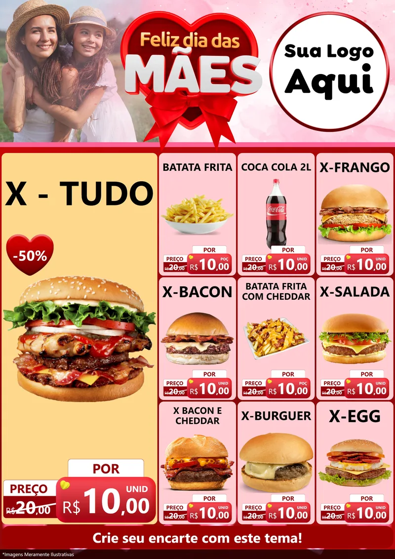 Modelo de Encarte para Encarte A4 Vertical com o tema Feliz Dia Das Mães para Hamburgueria