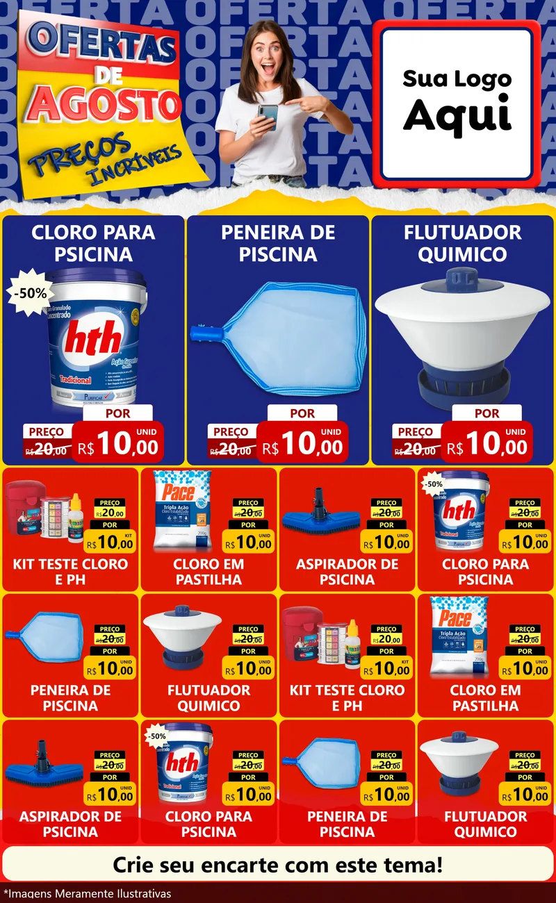Modelo de Encarte para Encarte Grande com o tema Ofertas de Agosto - Preços Incríveis para Produtos para Piscina