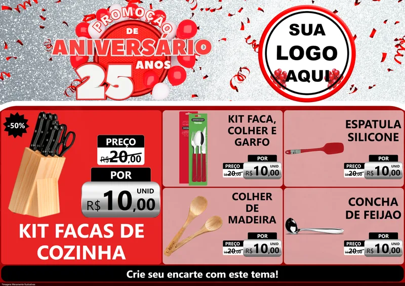 Modelo de Encarte para Encarte A4 Horizontal com o tema Promoção de Aniversário - 25Anos para Utilidades Domésticas