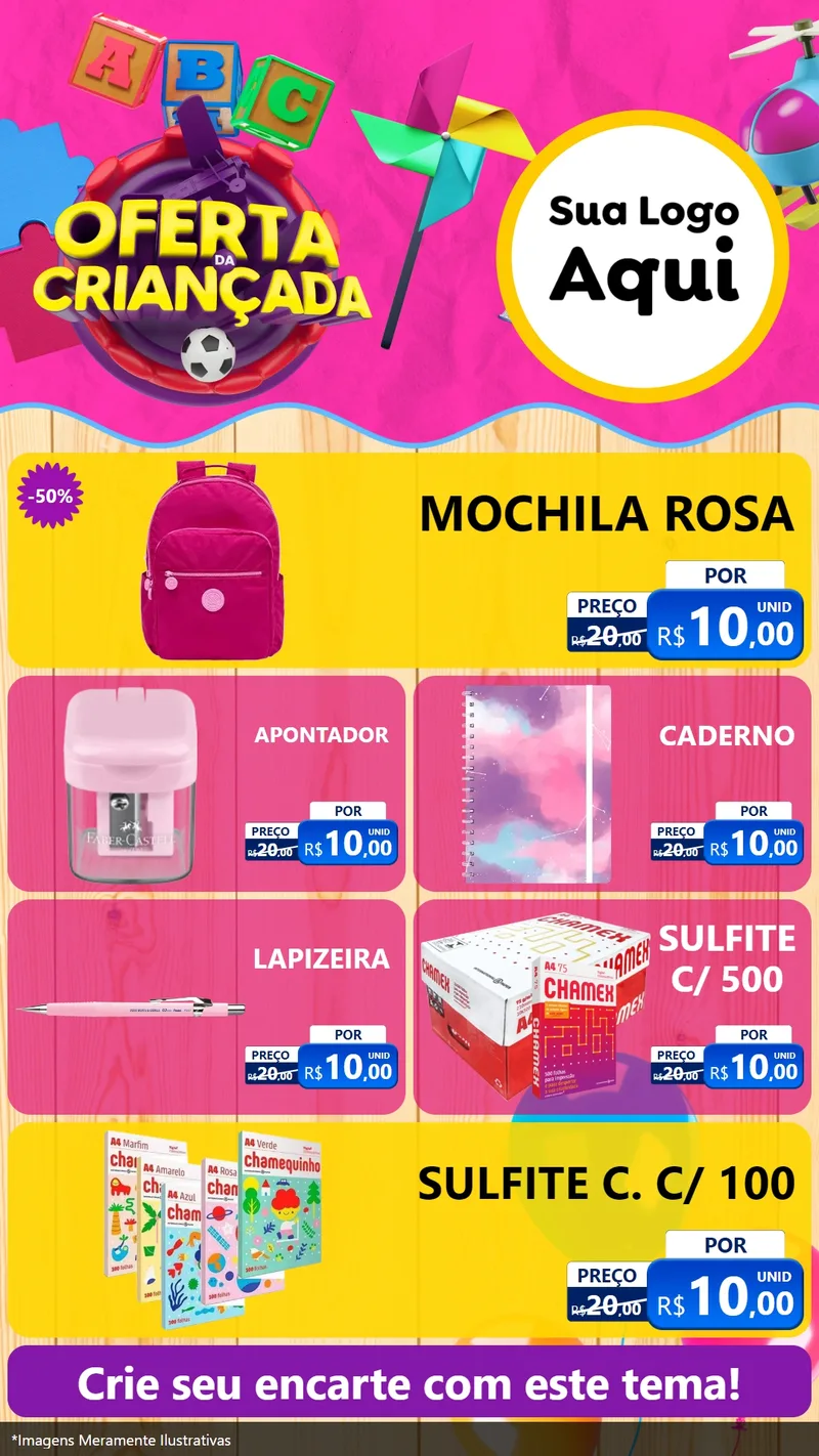 Modelo de TV para TV Vertical com o tema Oferta da Criançada para Papelaria