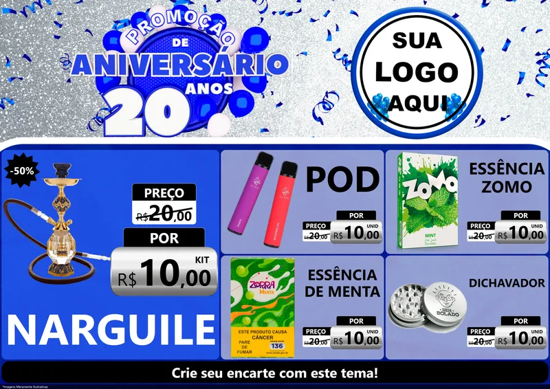 Modelo de Encarte para Encarte A4 Horizontal com o tema Promoção de Aniversário - 20 Anos para Tabacaria