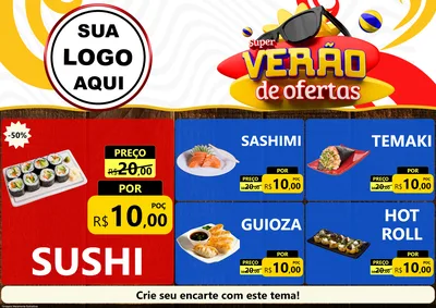 Modelo de Encarte para Encarte A4 Horizontal com o tema Super Verão de Ofertas para Comida japonesa