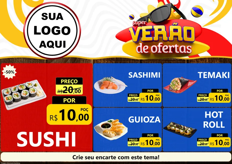 Modelo de Encarte para Encarte A4 Horizontal com o tema Super Verão de Ofertas para Comida japonesa