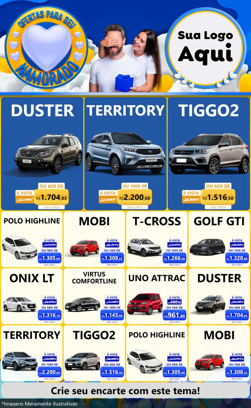 Modelo de Encarte para Encarte Grande com o tema Ofertas Para Seu Namorado para Concessionaria de Carros