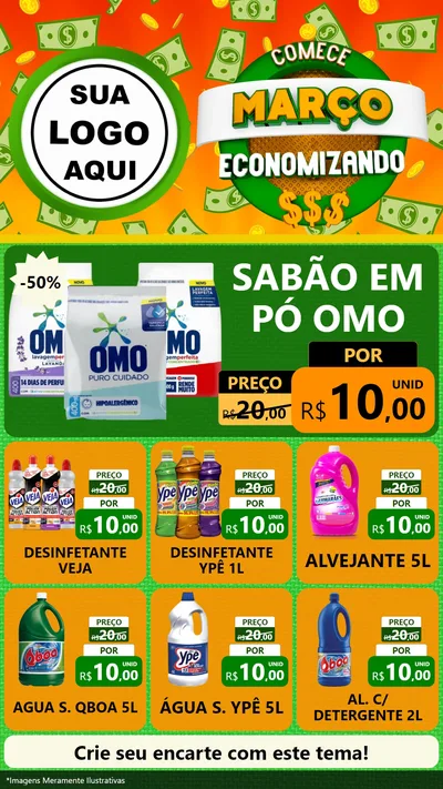 Modelo de Rede Social para Stories com o tema Comece Março Economizando para Produtos de Limpeza